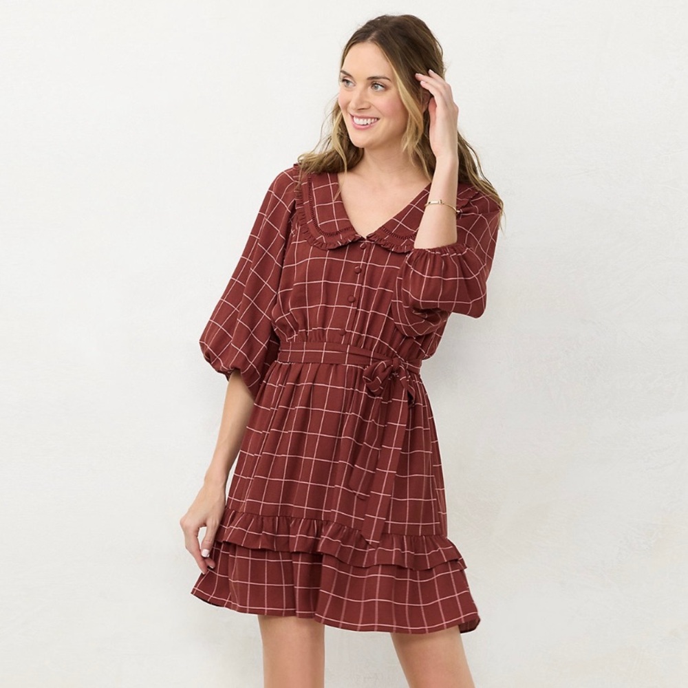 LC Lauren Conrad | Ruffle Chiffon Shirt Dress “Wine Plaid” Women’s Small NWT!